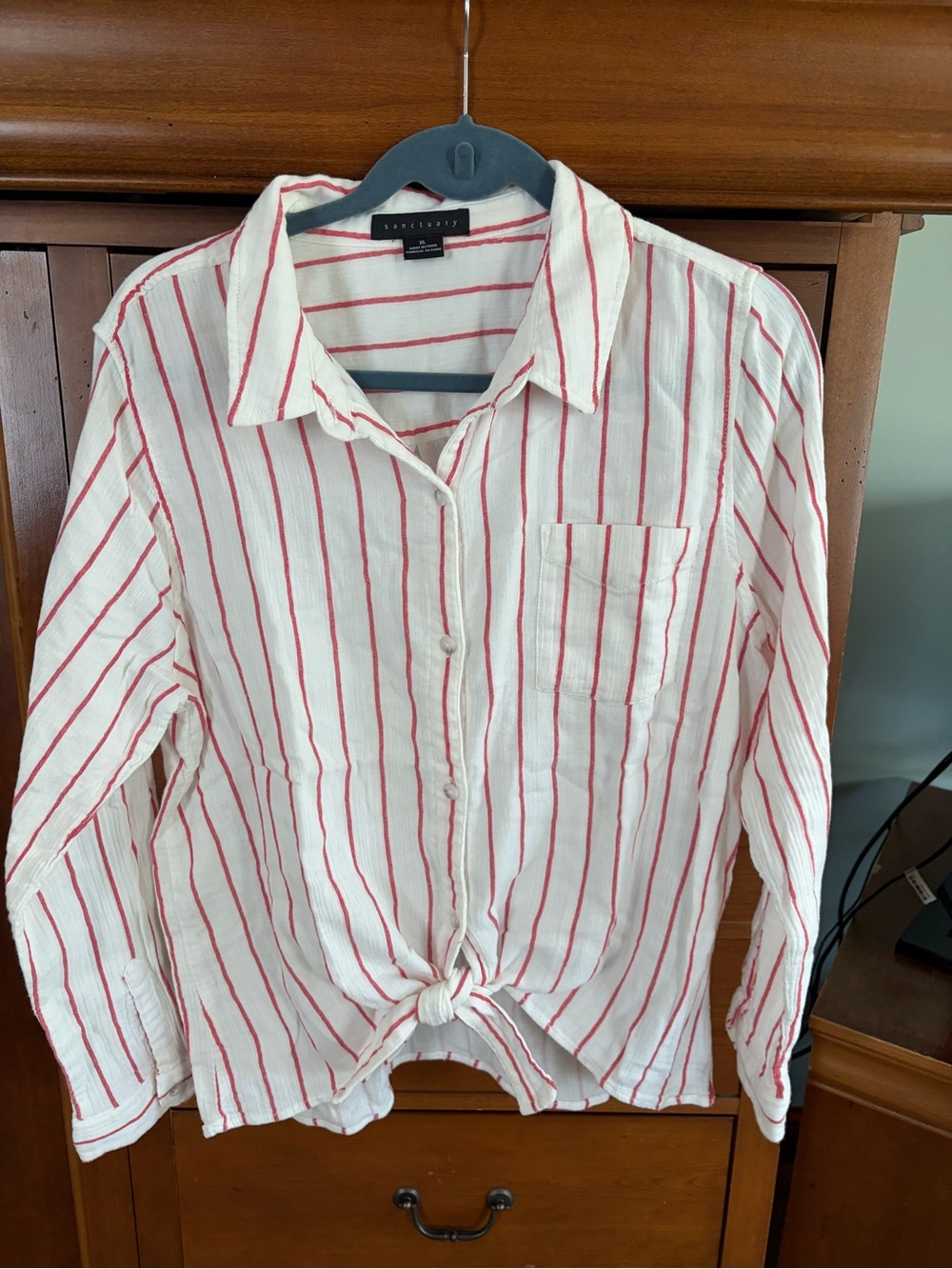 Sanctuary Button Down Shirt Red White Stripe with Tie at Waist Size XL